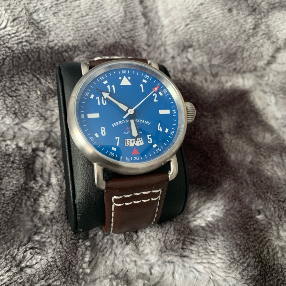 Blue Dial Men's Watch with Brown Leather Strap